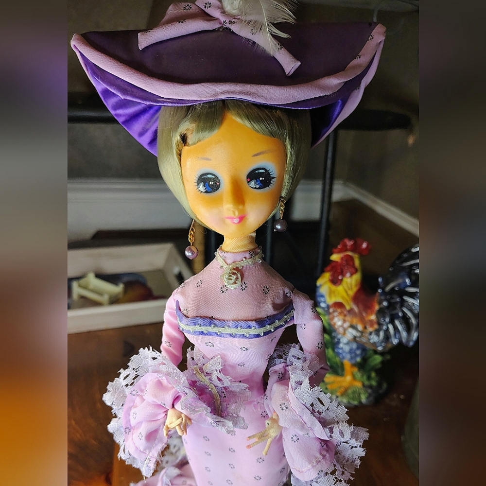Vtg Bradley Big Eyed Doll With Slight Damage Purple With Grey Hair - Picture 2 of 8
